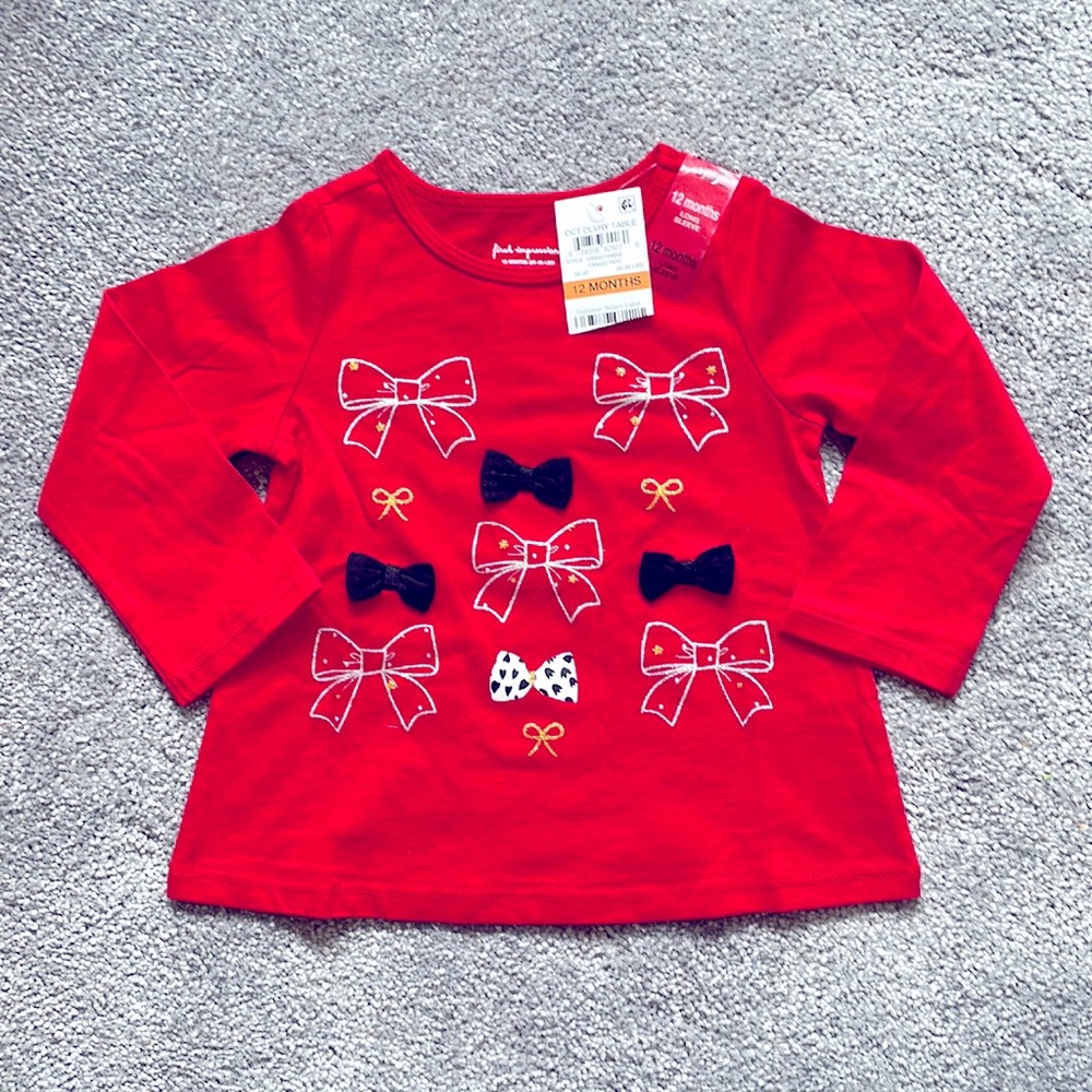 NWT Adorable Red Long Sleeve Top with Metallic Bow Accents
